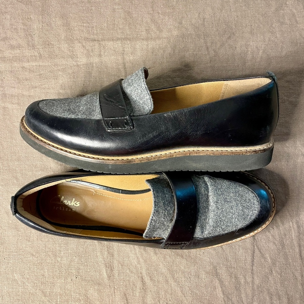 Clarks Artisan Glick Avalee Loafer Black Leather Gray Wool Shoes 9